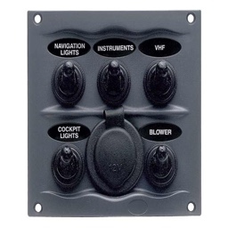 BEP Switch Panel DC Waterproof 5xOn/Off 1xPower Receptacle 16A Charcoal